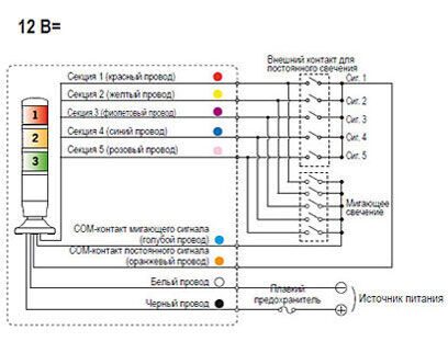 Схемы подключения сигнальных колонн PME. Постоянное и мигающее свечение